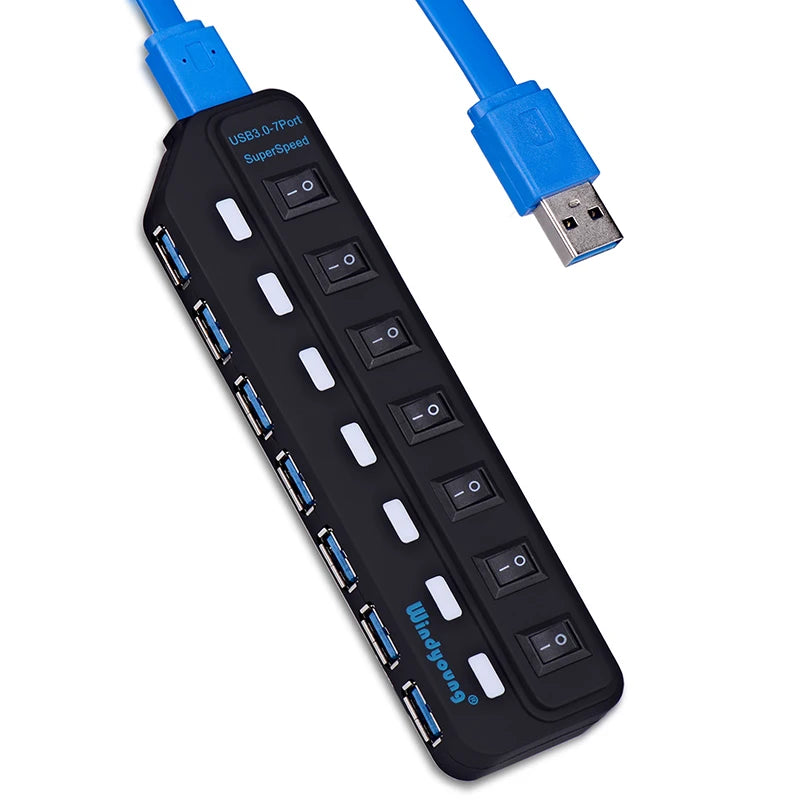 Hub USB 3.0 – Multiprise USB avec 4/7 ports, répartiteur haute vitesse | Hub USB 3.0 avec adaptateur d’alimentation et interrupteurs individuels pour ordinateur portable et PC