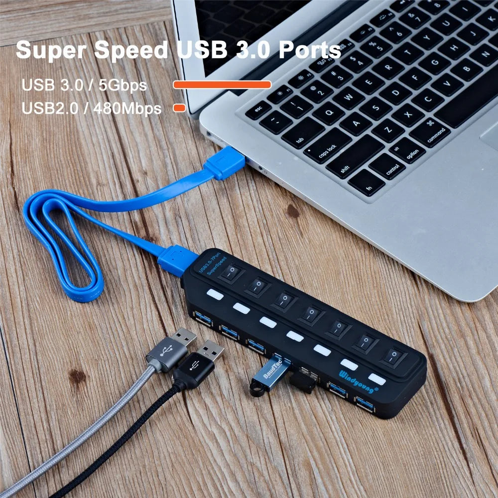 Hub USB 3.0 – Multiprise USB avec 4/7 ports, répartiteur haute vitesse | Hub USB 3.0 avec adaptateur d’alimentation et interrupteurs individuels pour ordinateur portable et PC