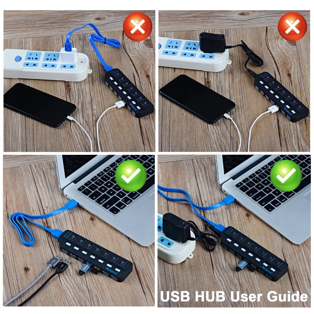 Hub USB 3.0 – Multiprise USB avec 4/7 ports, répartiteur haute vitesse | Hub USB 3.0 avec adaptateur d’alimentation et interrupteurs individuels pour ordinateur portable et PC