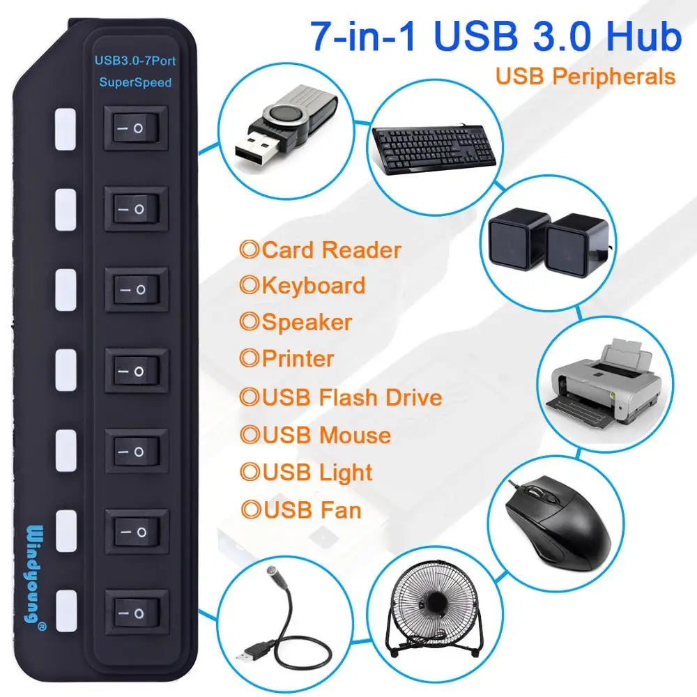 Hub USB 3.0 – Multiprise USB avec 4/7 ports, répartiteur haute vitesse | Hub USB 3.0 avec adaptateur d’alimentation et interrupteurs individuels pour ordinateur portable et PC