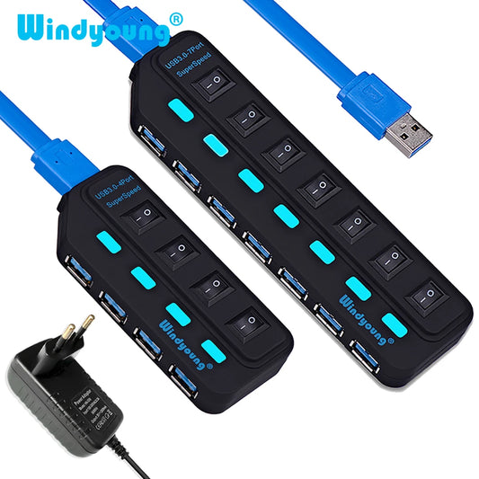 Hub USB 3.0 – Multiprise USB avec 4/7 ports, répartiteur haute vitesse | Hub USB 3.0 avec adaptateur d’alimentation et interrupteurs individuels pour ordinateur portable et PC