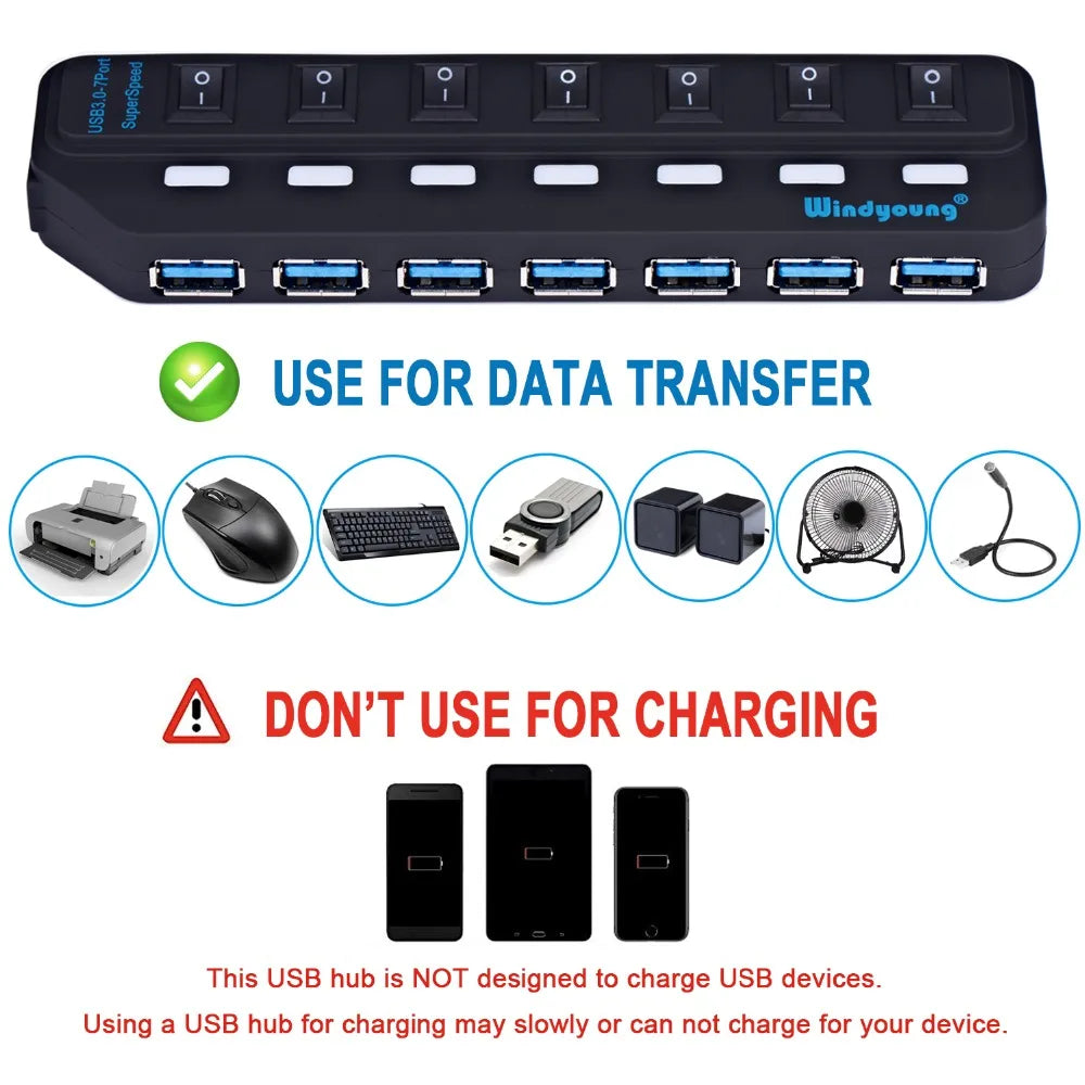Hub USB 3.0 – Multiprise USB avec 4/7 ports, répartiteur haute vitesse | Hub USB 3.0 avec adaptateur d’alimentation et interrupteurs individuels pour ordinateur portable et PC
