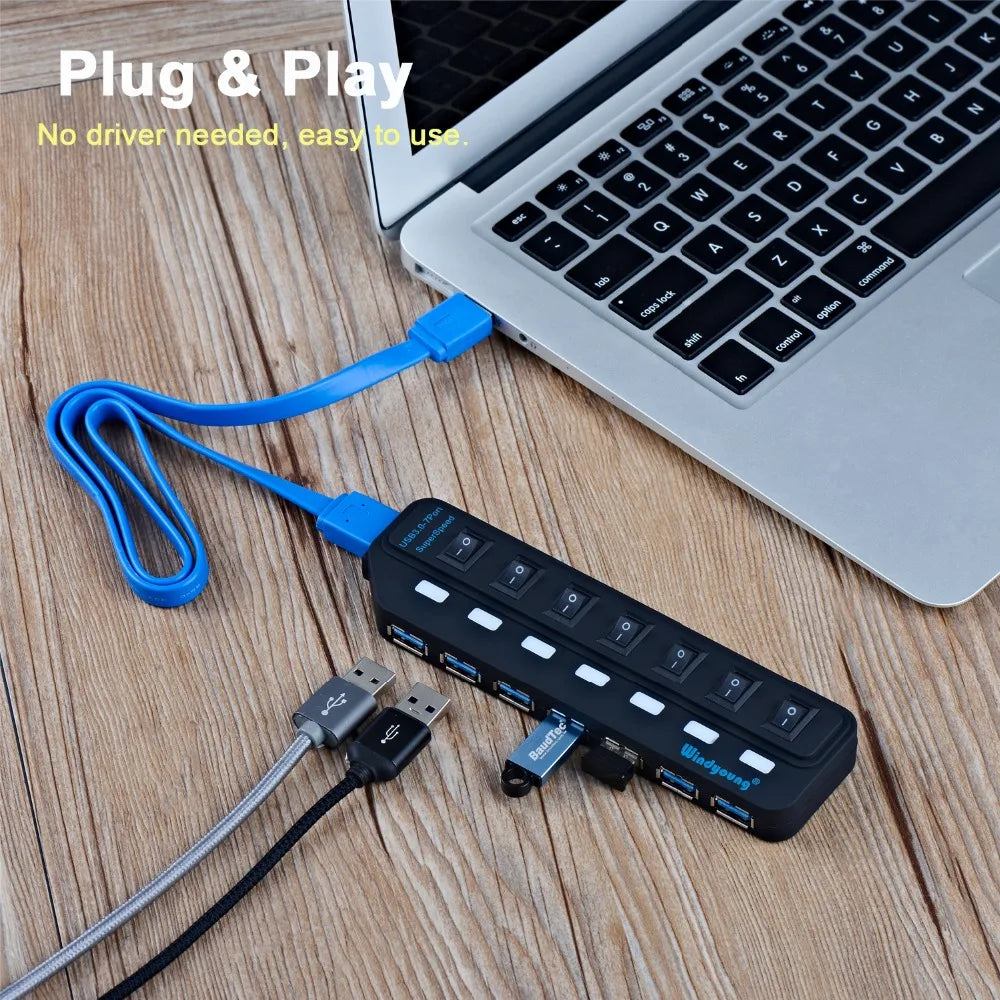 Hub USB 3.0 – Multiprise USB avec 4/7 ports, répartiteur haute vitesse | Hub USB 3.0 avec adaptateur d’alimentation et interrupteurs individuels pour ordinateur portable et PC
