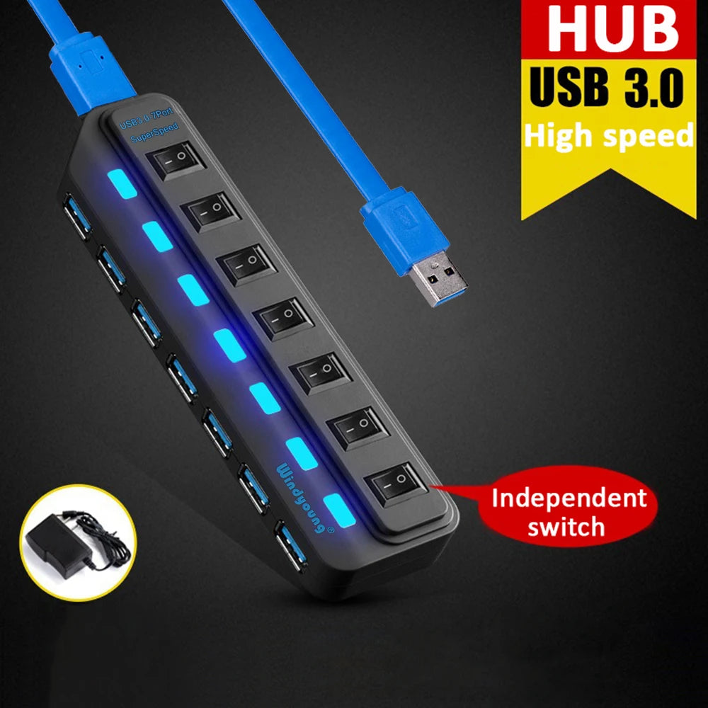 Hub USB 3.0 – Multiprise USB avec 4/7 ports, répartiteur haute vitesse | Hub USB 3.0 avec adaptateur d’alimentation et interrupteurs individuels pour ordinateur portable et PC