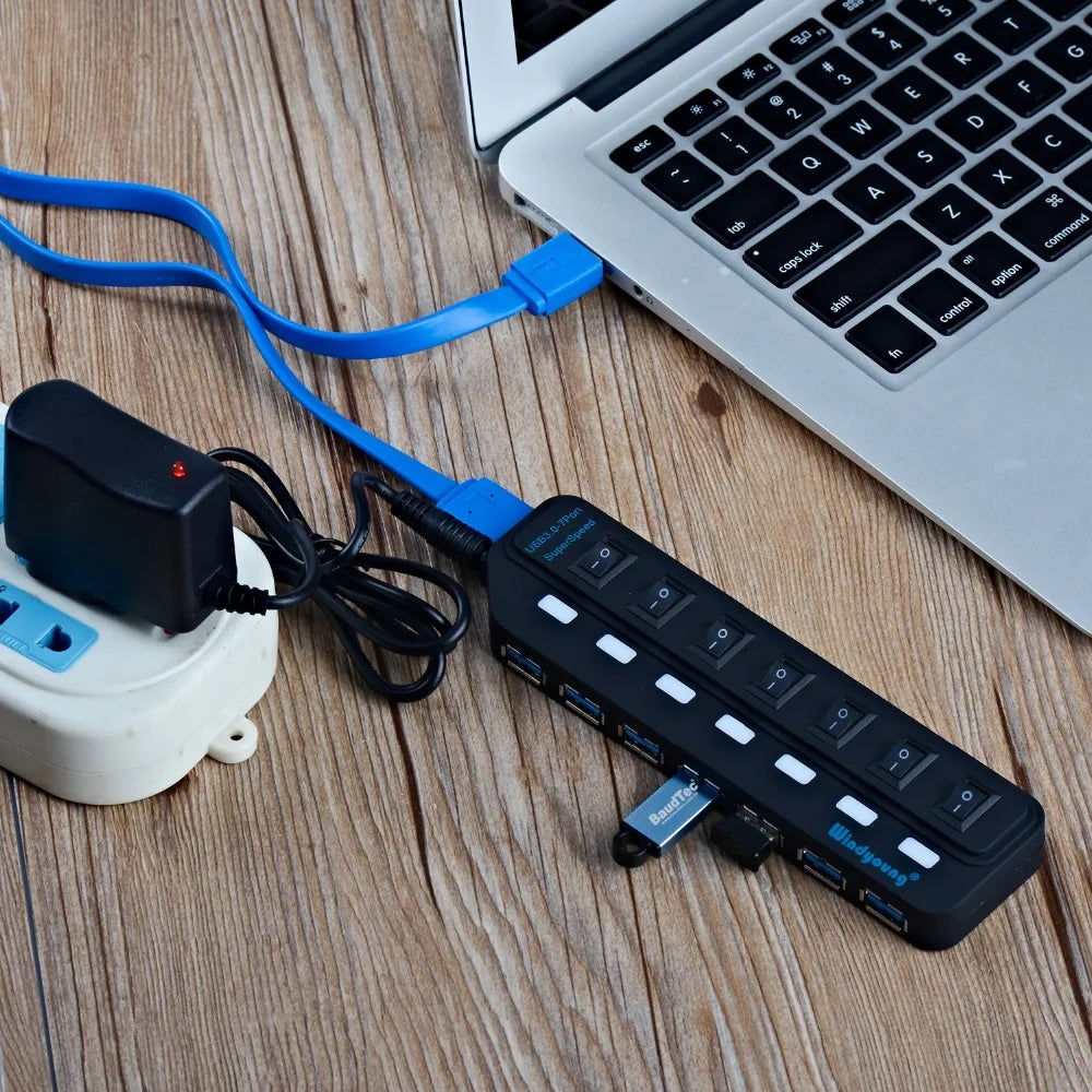 Hub USB 3.0 – Multiprise USB avec 4/7 ports, répartiteur haute vitesse | Hub USB 3.0 avec adaptateur d’alimentation et interrupteurs individuels pour ordinateur portable et PC