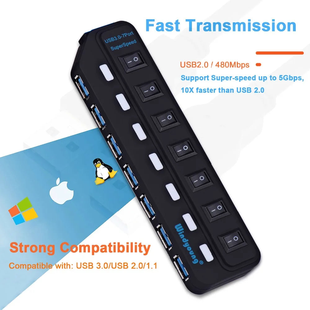 Hub USB 3.0 – Multiprise USB avec 4/7 ports, répartiteur haute vitesse | Hub USB 3.0 avec adaptateur d’alimentation et interrupteurs individuels pour ordinateur portable et PC
