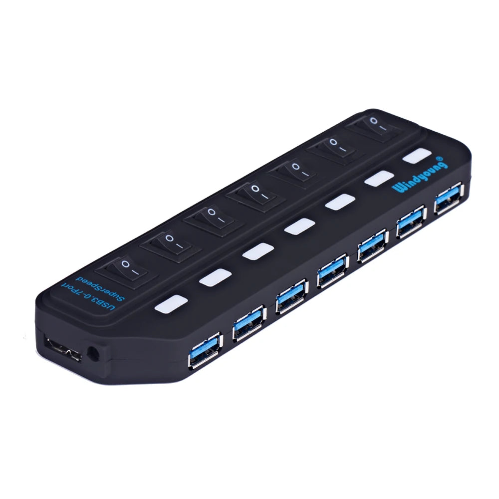 Hub USB 3.0 – Multiprise USB avec 4/7 ports, répartiteur haute vitesse | Hub USB 3.0 avec adaptateur d’alimentation et interrupteurs individuels pour ordinateur portable et PC