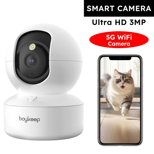 Caméra pour animaux Boykeep 2K avec application mobile, caméra de sécurité intérieure WiFi 5G/2,4 GHz pour animaux et bébé, rotation panoramique et inclinaison à 360°, audio bidirectionnel, vision nocturne.