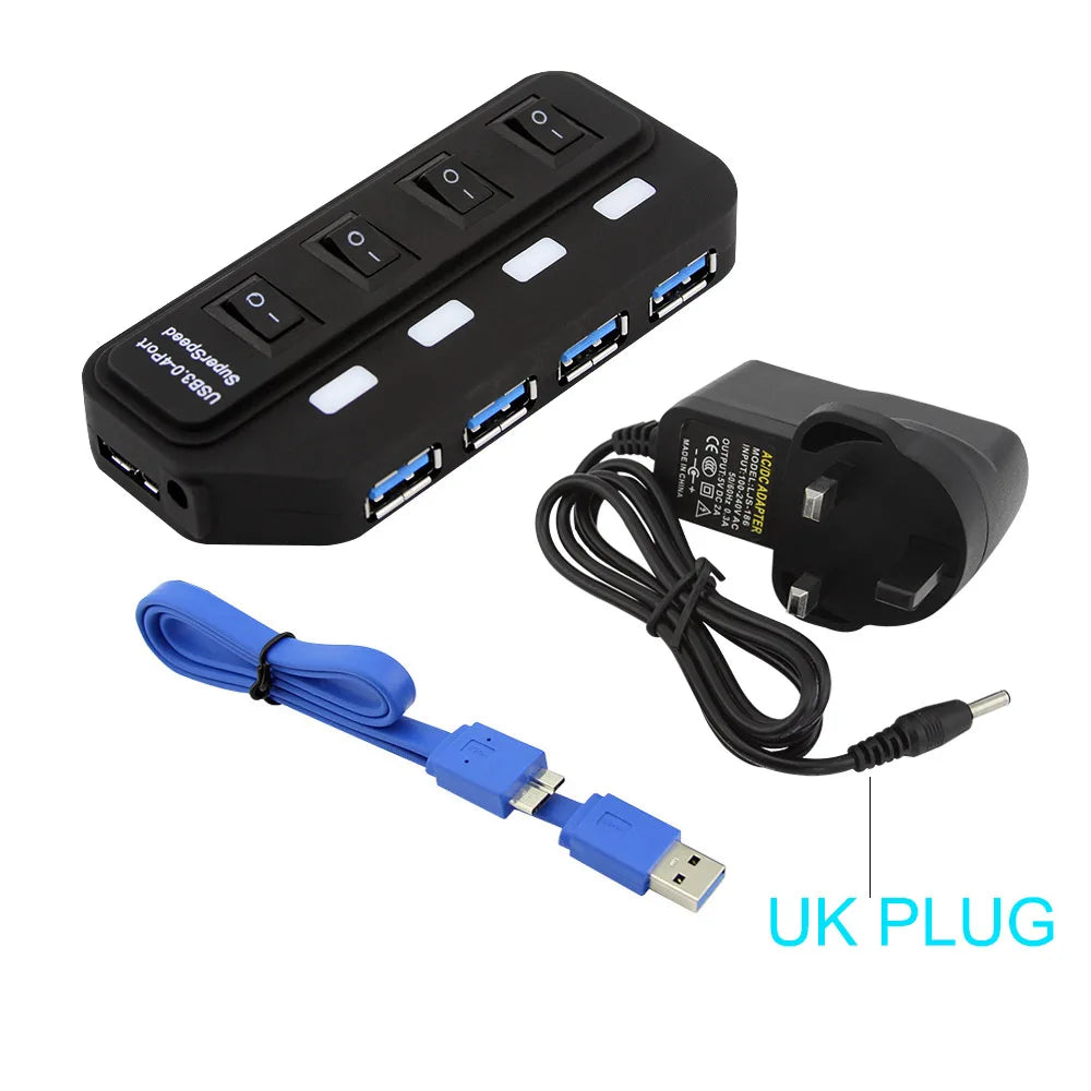 Hub USB 3.0 – Multiprise USB avec 4/7 ports, répartiteur haute vitesse | Hub USB 3.0 avec adaptateur d’alimentation et interrupteurs individuels pour ordinateur portable et PC