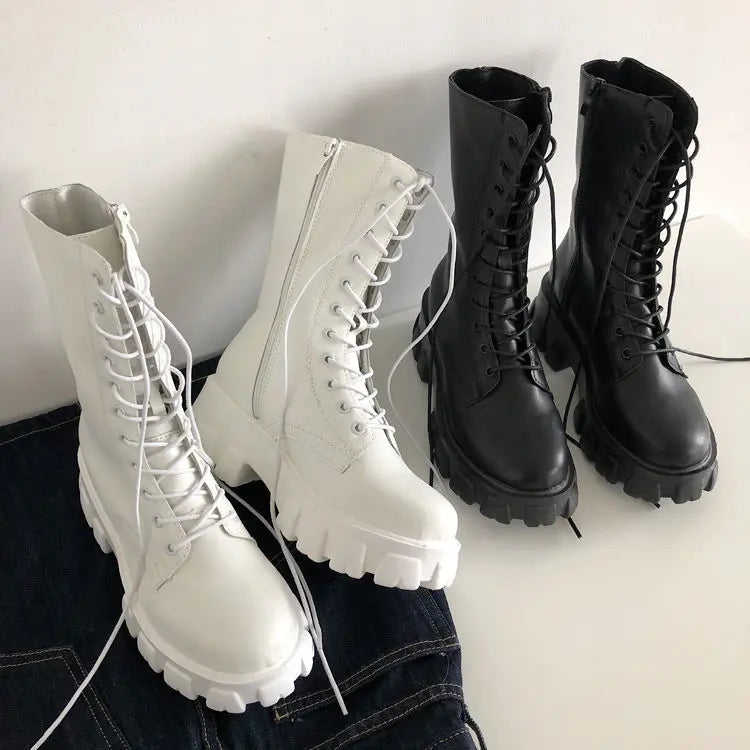 Nouvelles Bottes Mi-Mollet Femme Automne Hiver Mode Lacets Chelsea Zip Plateforme Talon Compensé Chaussures Sport