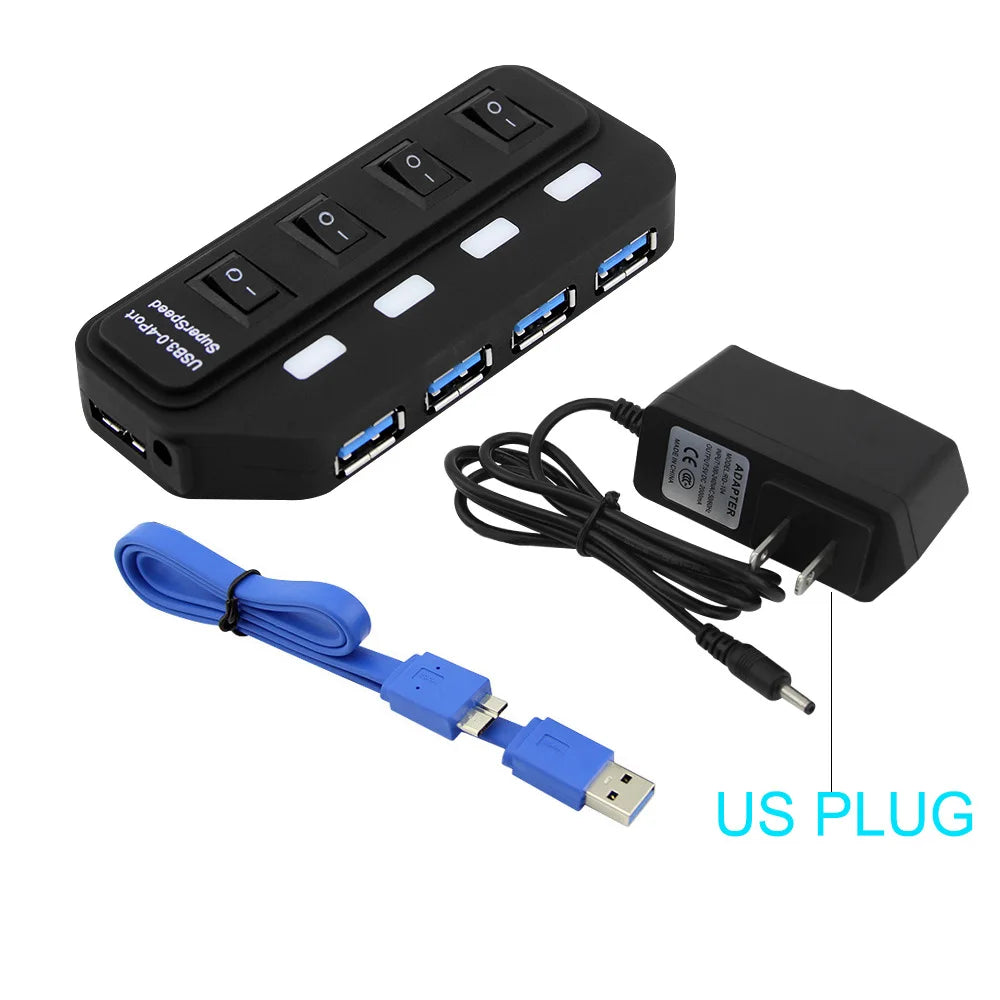 Hub USB 3.0 – Multiprise USB avec 4/7 ports, répartiteur haute vitesse | Hub USB 3.0 avec adaptateur d’alimentation et interrupteurs individuels pour ordinateur portable et PC