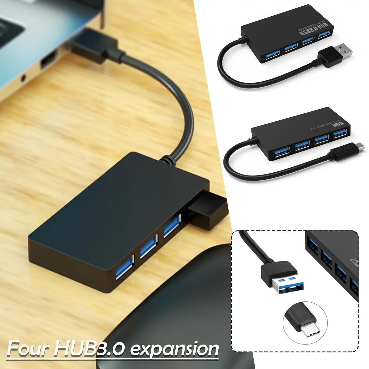 Hub USB à 4 ports – Répartiteur USB 3.0/2.0 pour PC | Extenseur USB avec adaptateur d’alimentation | Accessoire pour ordinateur Y6A4