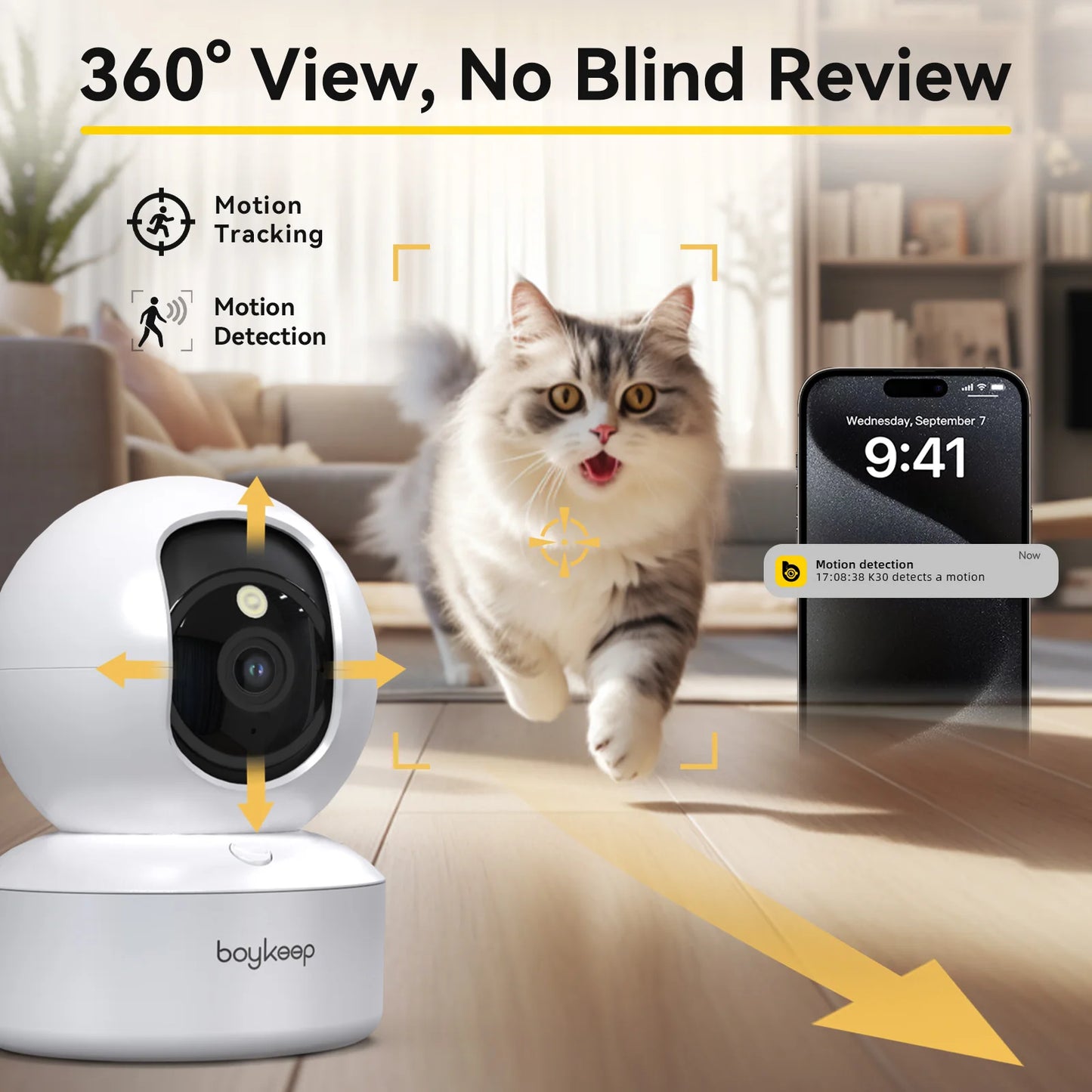 Caméra pour animaux Boykeep 2K avec application mobile, caméra de sécurité intérieure WiFi 5G/2,4 GHz pour animaux et bébé, rotation panoramique et inclinaison à 360°, audio bidirectionnel, vision nocturne.