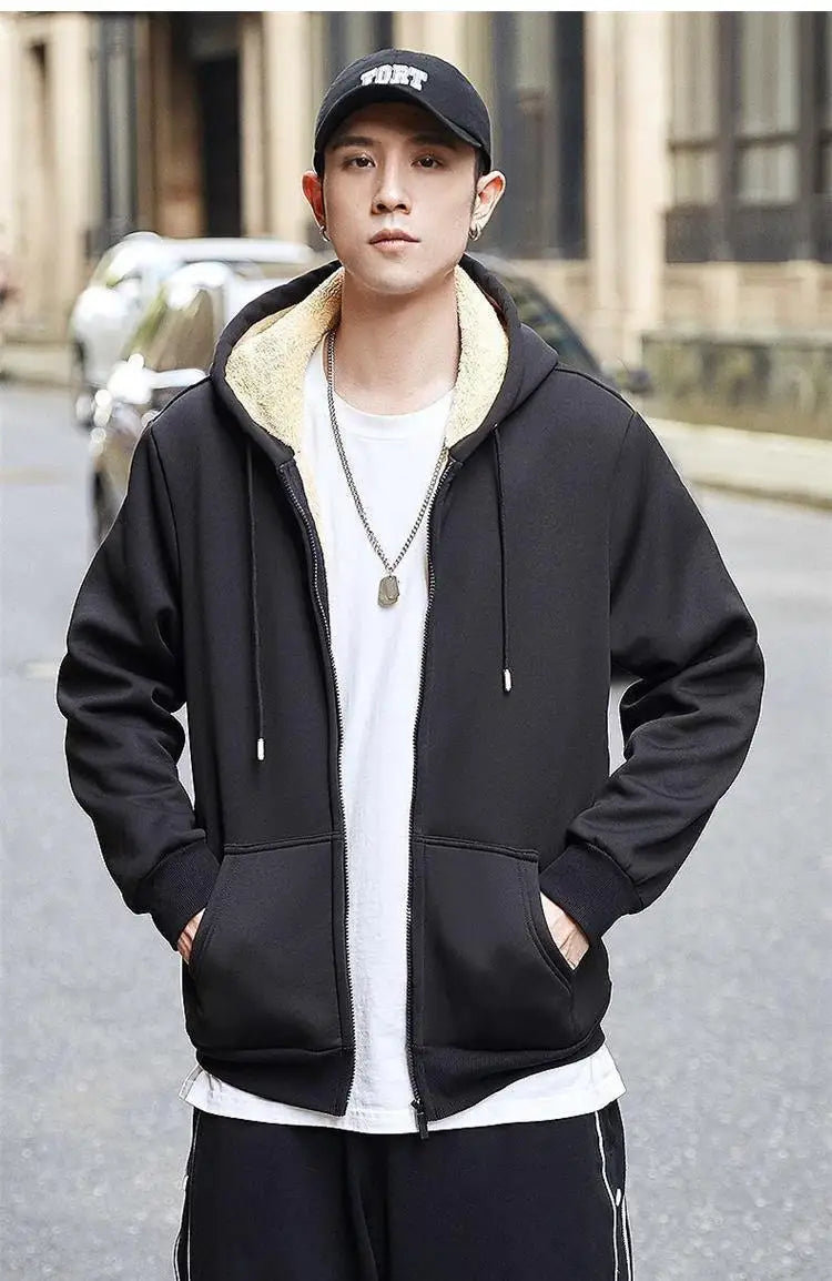 C.New S Manteau Hiver Laine d'Agneau Chaud Épais Veste Manches Longues Zippée Capuche Décontracté Polaire Noir Homme Femme