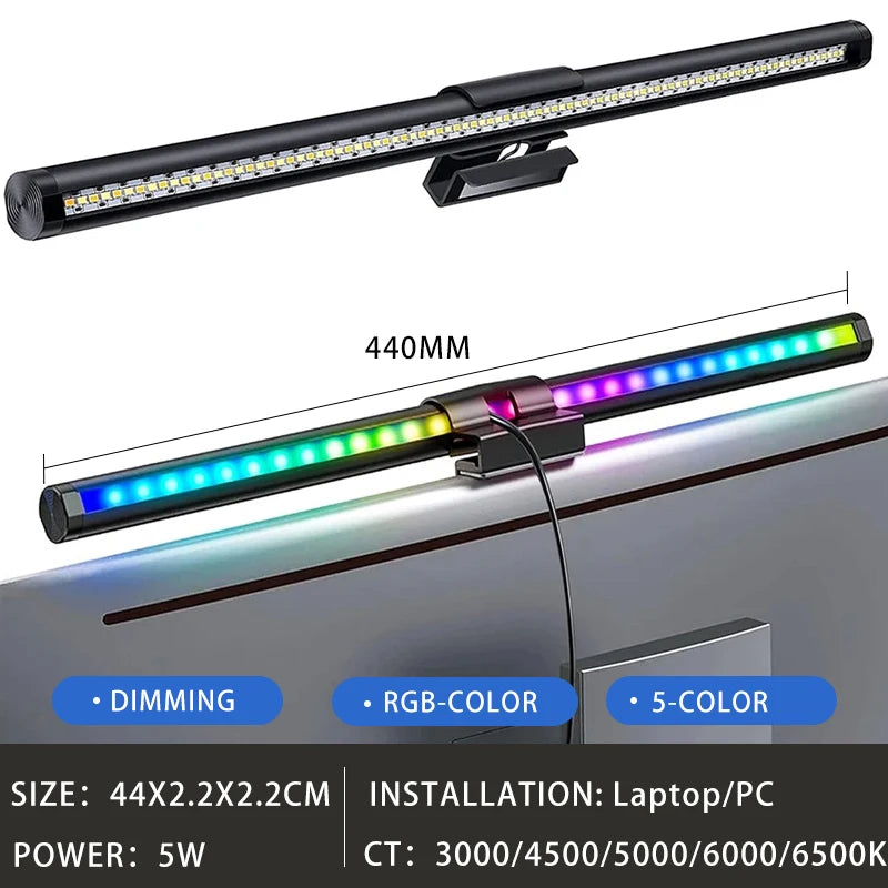 Barre lumineuse LED pour écran d’ordinateur, lampe de bureau USB RGB pour étude et lecture, lampe à luminosité réglable en continu, minuterie, 50 cm / 33 cm