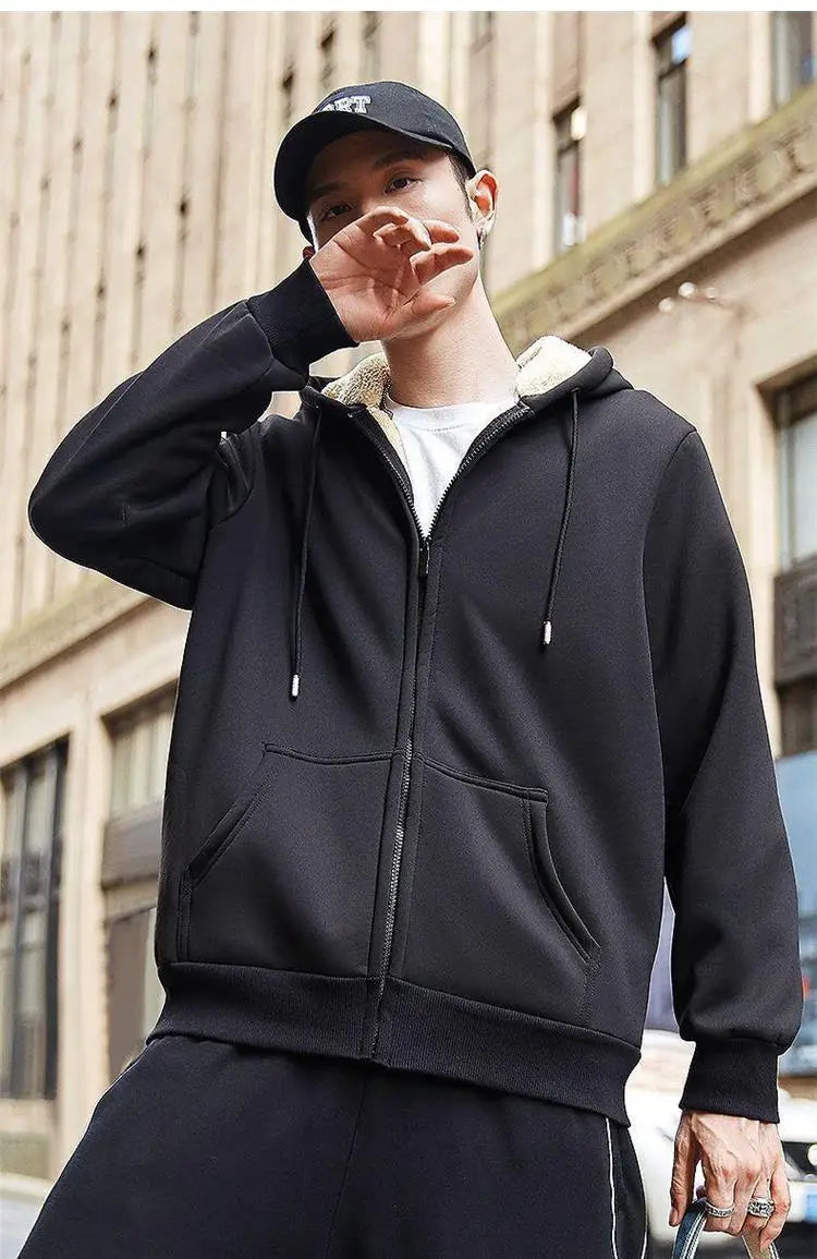 C.New S Manteau Hiver Laine d'Agneau Chaud Épais Veste Manches Longues Zippée Capuche Décontracté Polaire Noir Homme Femme