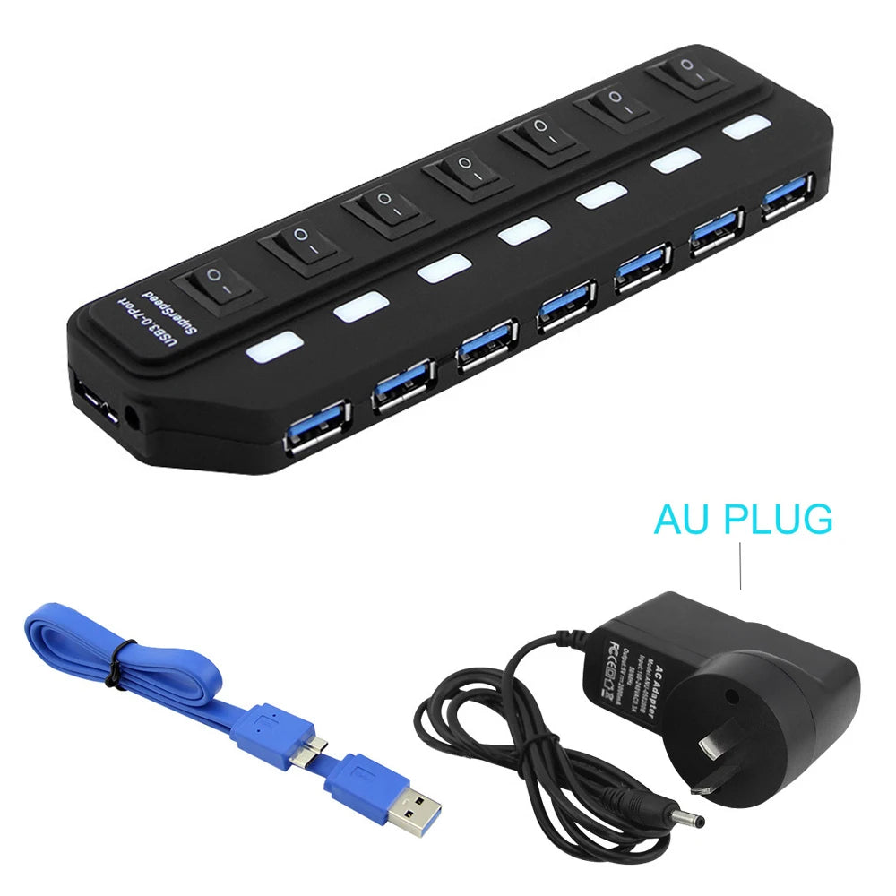 Hub USB 3.0 – Multiprise USB avec 4/7 ports, répartiteur haute vitesse | Hub USB 3.0 avec adaptateur d’alimentation et interrupteurs individuels pour ordinateur portable et PC