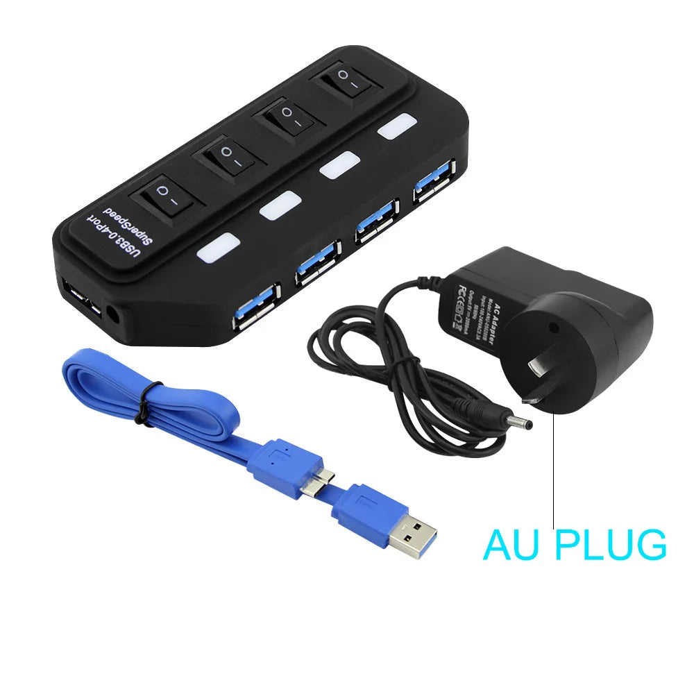 Hub USB 3.0 – Multiprise USB avec 4/7 ports, répartiteur haute vitesse | Hub USB 3.0 avec adaptateur d’alimentation et interrupteurs individuels pour ordinateur portable et PC