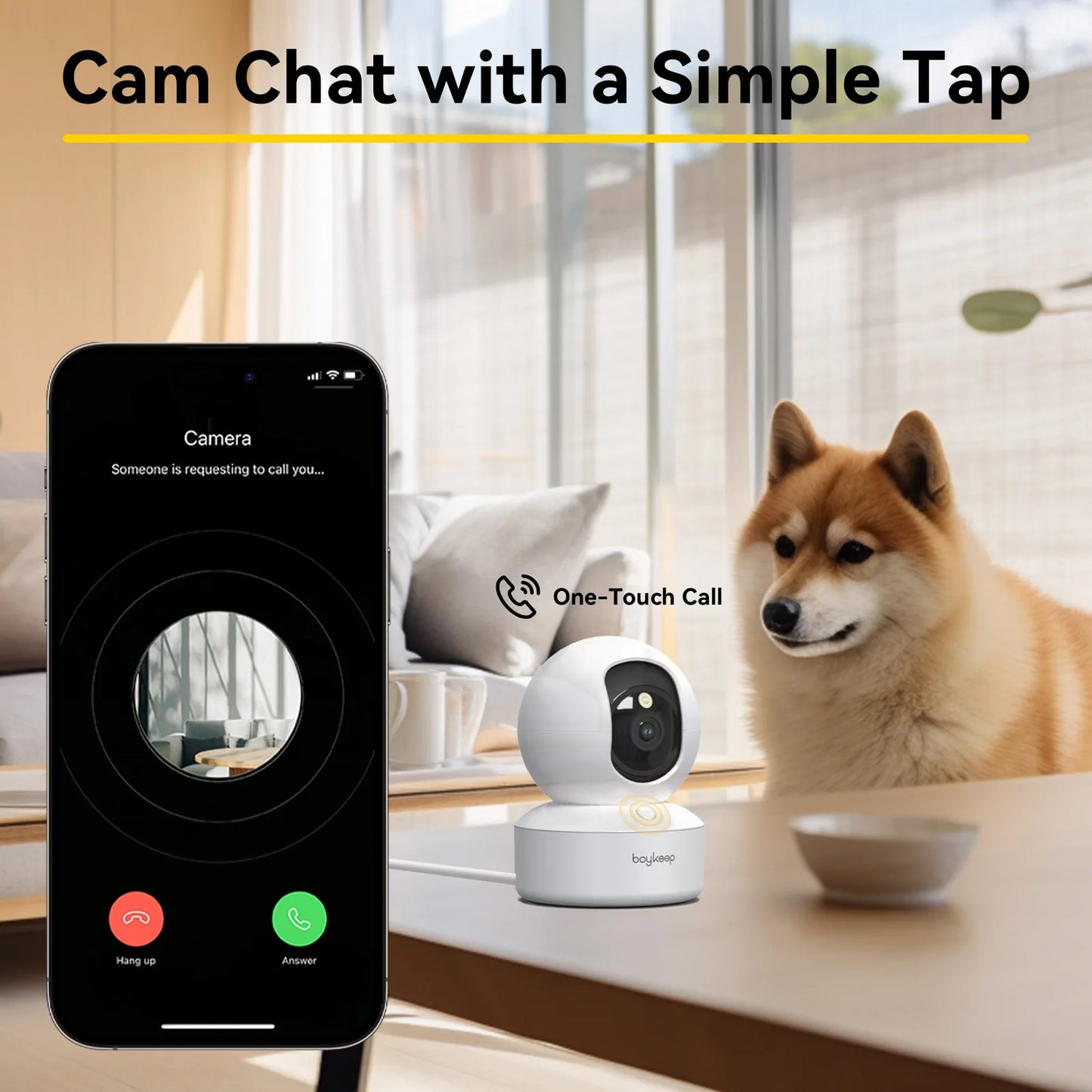 Caméra pour animaux Boykeep 2K avec application mobile, caméra de sécurité intérieure WiFi 5G/2,4 GHz pour animaux et bébé, rotation panoramique et inclinaison à 360°, audio bidirectionnel, vision nocturne.