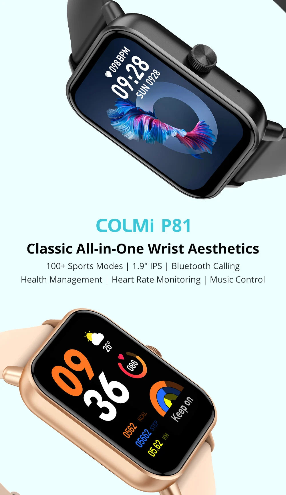 Montre Connectée COLMI P81 avec Appels Vocaux, Écran 1,9″, Suivi Santé 24 h, Plus de 100 Modes Sport, Bluetooth, Pour Hommes et Femmes