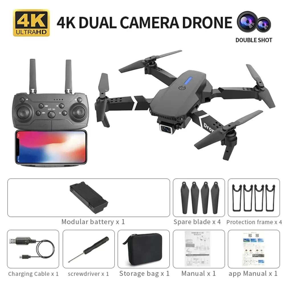 Drone E88 pliable avec caméra HD 4K, Wi-Fi FPV, maintien d’altitude.