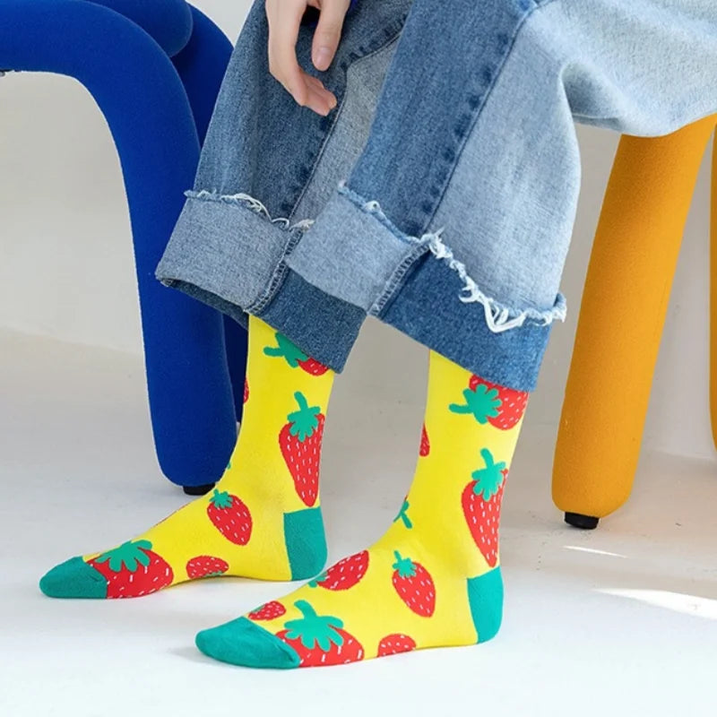 Chaussettes mode fruit pour homme — idéal en duo/couple, style hip-hop, mi-mollet, unisexe pour femme ou homme, imprimés cartoon, coton respirant, style décontracté