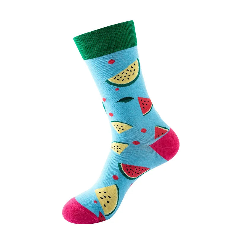 Chaussettes mode fruit pour homme — idéal en duo/couple, style hip-hop, mi-mollet, unisexe pour femme ou homme, imprimés cartoon, coton respirant, style décontracté