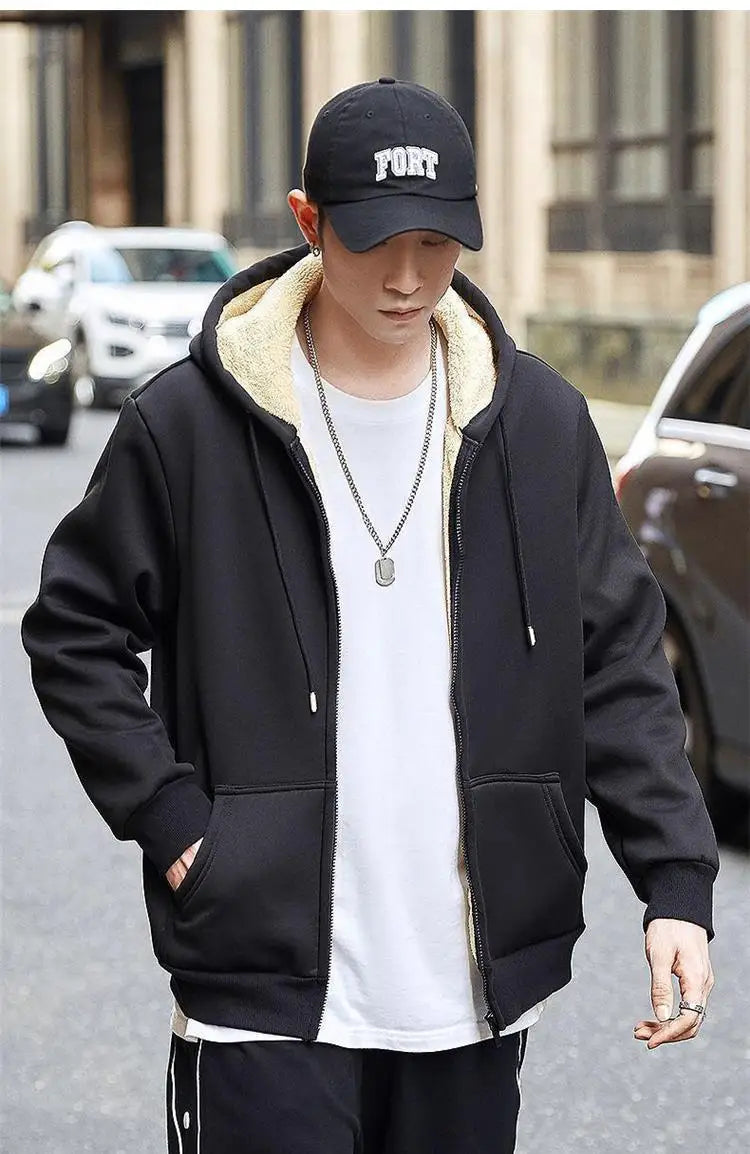 C.New S Manteau Hiver Laine d'Agneau Chaud Épais Veste Manches Longues Zippée Capuche Décontracté Polaire Noir Homme Femme