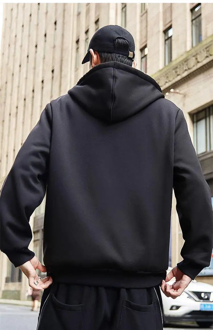 C.New S Manteau Hiver Laine d'Agneau Chaud Épais Veste Manches Longues Zippée Capuche Décontracté Polaire Noir Homme Femme