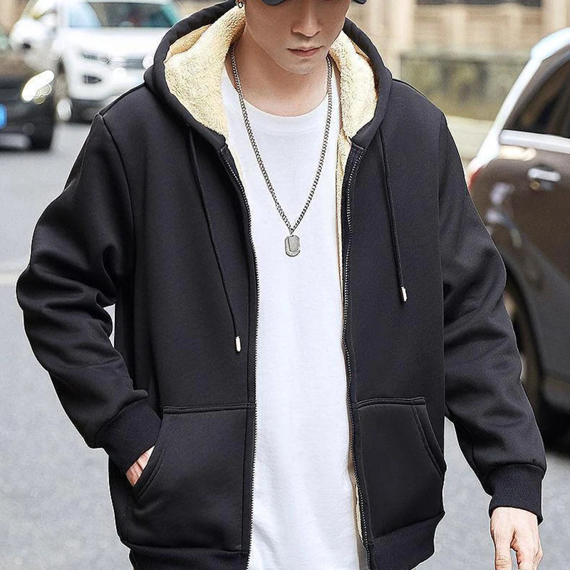 C.New S Manteau Hiver Laine d'Agneau Chaud Épais Veste Manches Longues Zippée Capuche Décontracté Polaire Noir Homme Femme