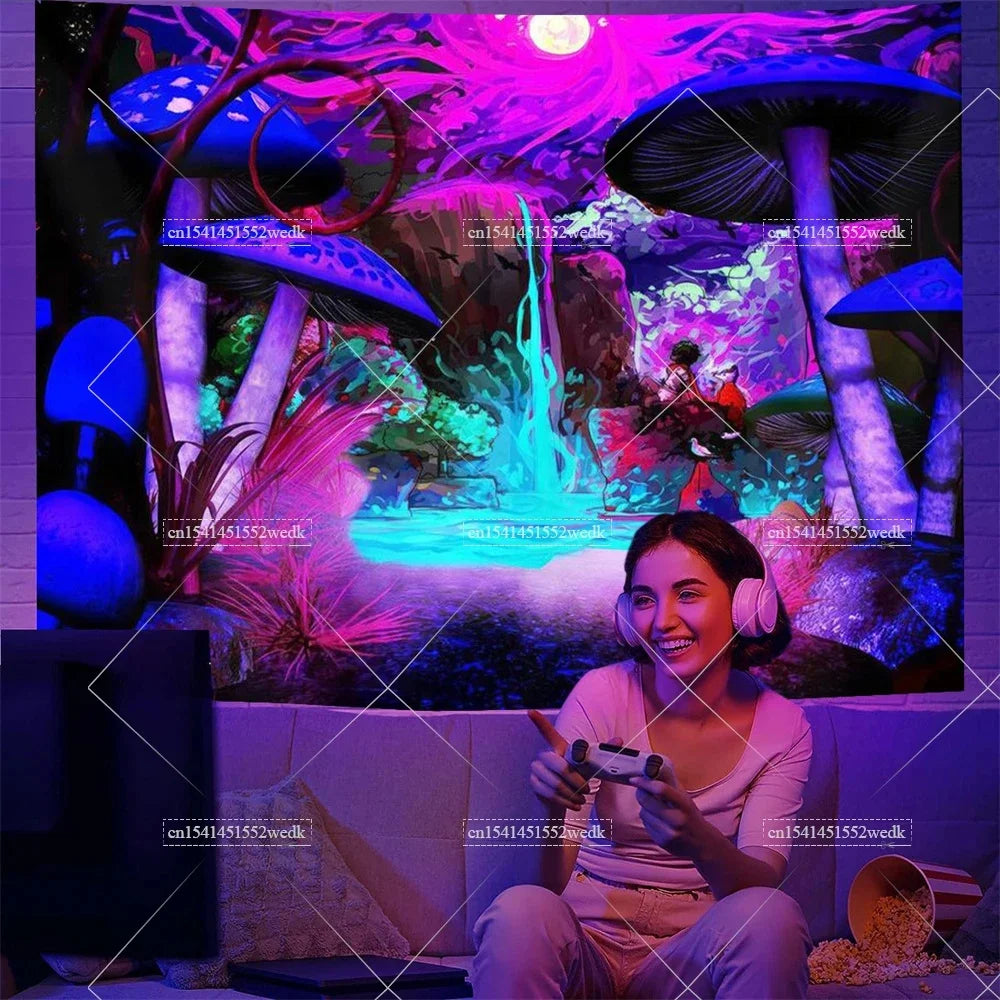 Tapisserie champignons lumière noire