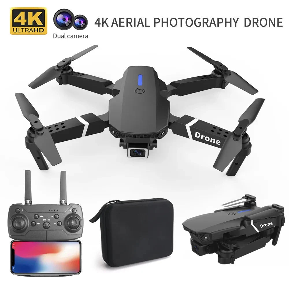 Drone E88 pliable avec caméra HD 4K, Wi-Fi FPV, maintien d’altitude.