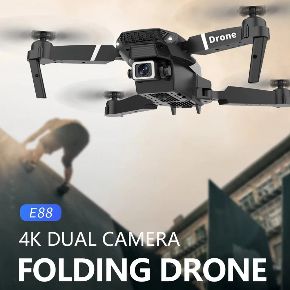 Drone E88 pliable avec caméra HD 4K, Wi-Fi FPV, maintien d’altitude.