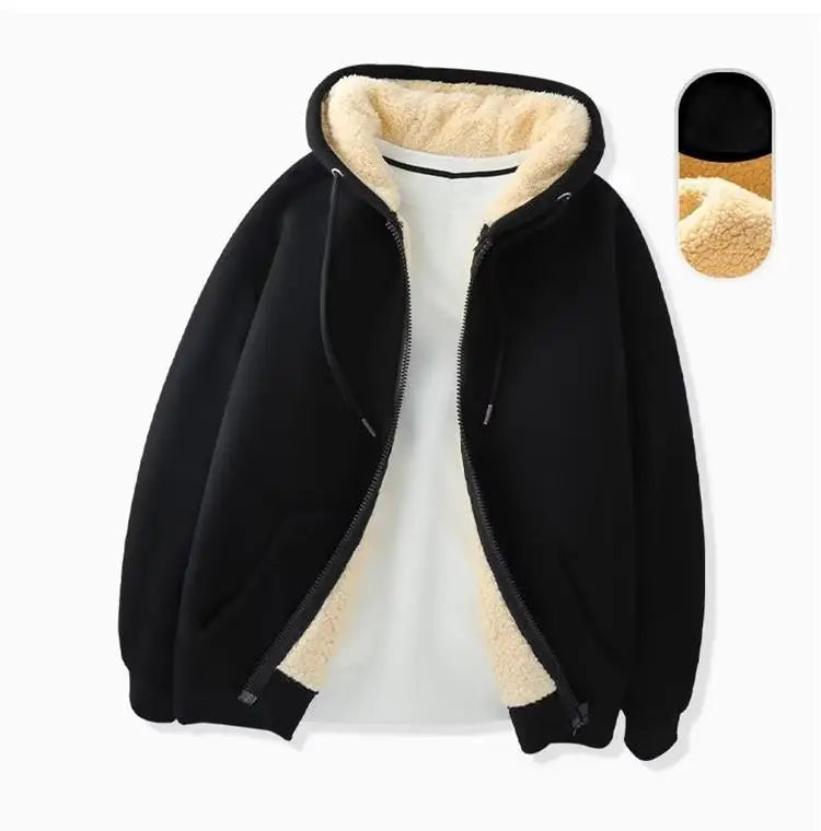 C.New S Manteau Hiver Laine d'Agneau Chaud Épais Veste Manches Longues Zippée Capuche Décontracté Polaire Noir Homme Femme