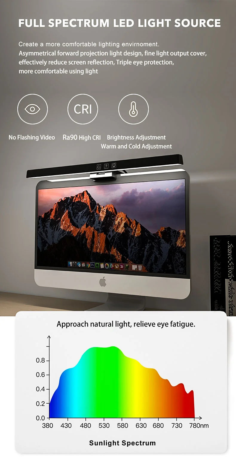 Barre lumineuse LED pour écran d’ordinateur, lampe de bureau USB RGB pour étude et lecture, lampe à luminosité réglable en continu, minuterie, 50 cm / 33 cm