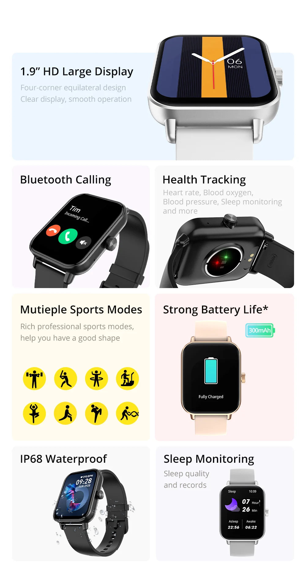 Montre Connectée COLMI P81 avec Appels Vocaux, Écran 1,9″, Suivi Santé 24 h, Plus de 100 Modes Sport, Bluetooth, Pour Hommes et Femmes