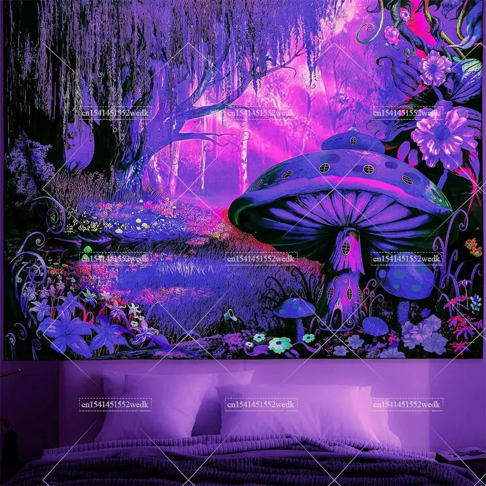 Tapisserie champignons lumière noire