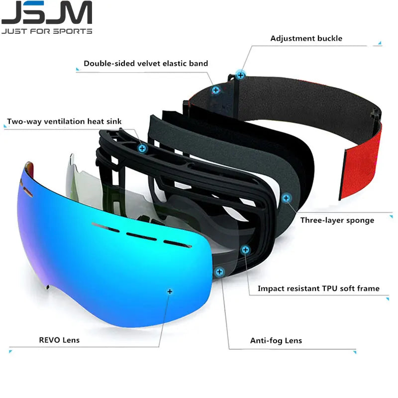 Lunettes de ski JSJM à double couche anti-buée, UV400, lunettes de motoneige pour adulte, unisexes, pour sports d’hiver : ski, snowboard et activités en extérieur.