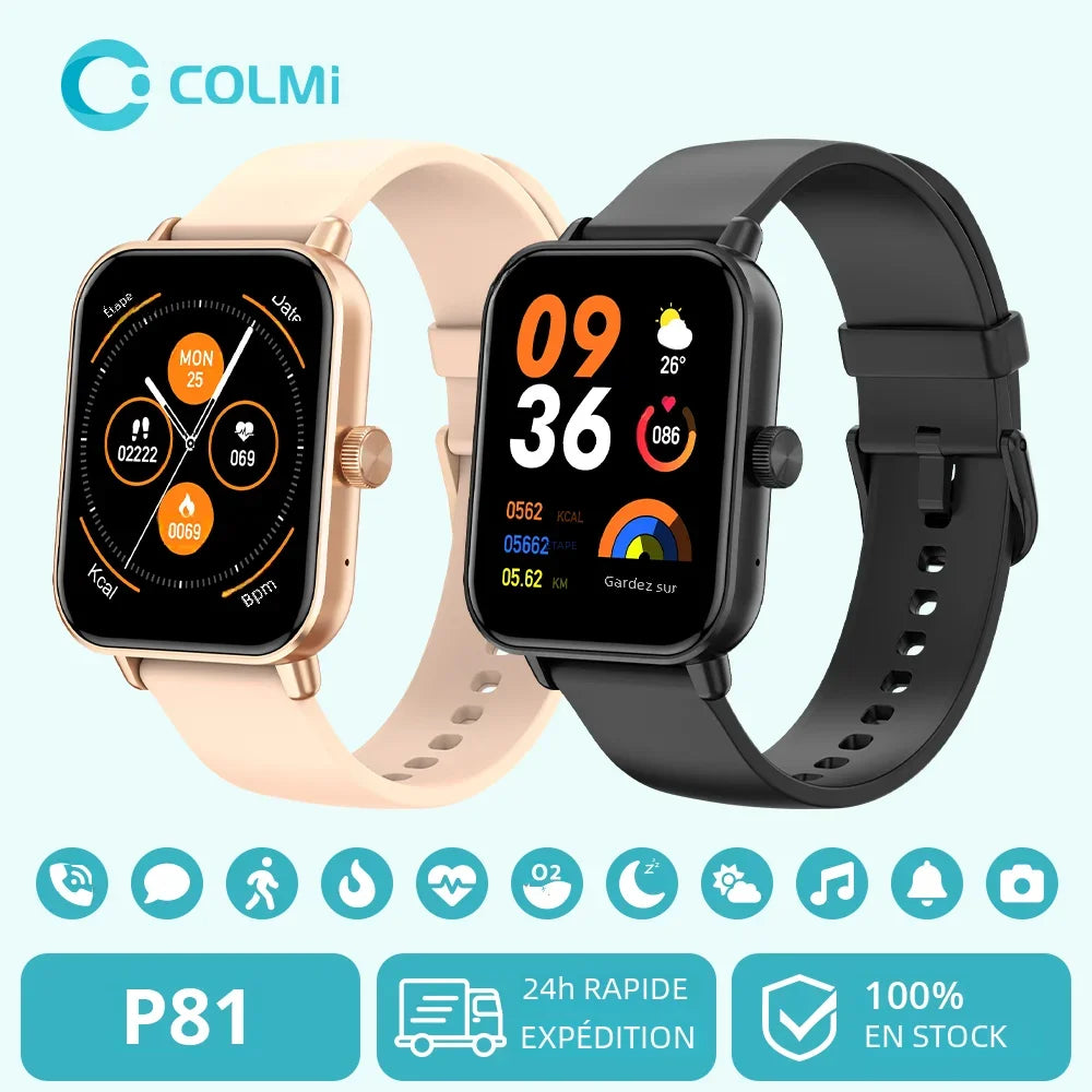 Montre Connectée COLMI P81 avec Appels Vocaux, Écran 1,9″, Suivi Santé 24 h, Plus de 100 Modes Sport, Bluetooth, Pour Hommes et Femmes