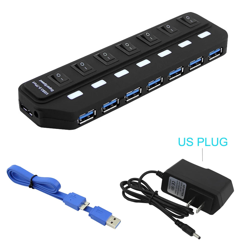 Hub USB 3.0 – Multiprise USB avec 4/7 ports, répartiteur haute vitesse | Hub USB 3.0 avec adaptateur d’alimentation et interrupteurs individuels pour ordinateur portable et PC