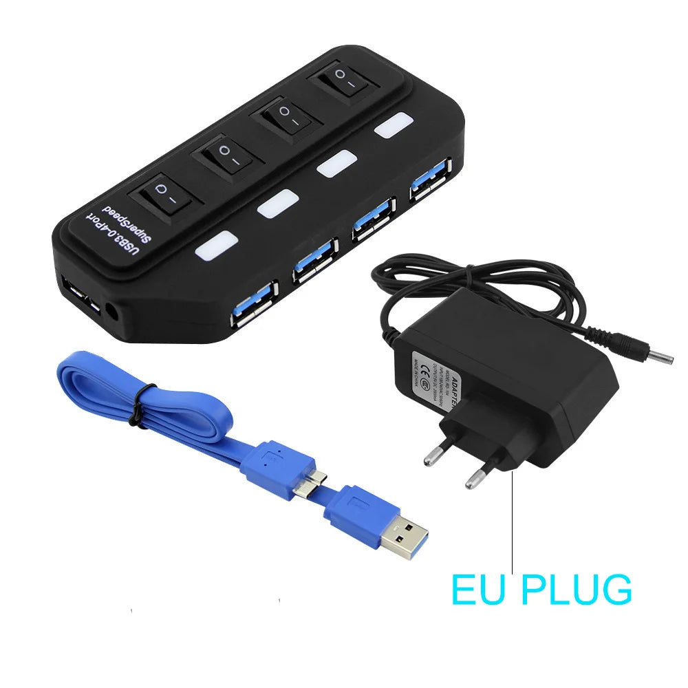 Hub USB 3.0 – Multiprise USB avec 4/7 ports, répartiteur haute vitesse | Hub USB 3.0 avec adaptateur d’alimentation et interrupteurs individuels pour ordinateur portable et PC