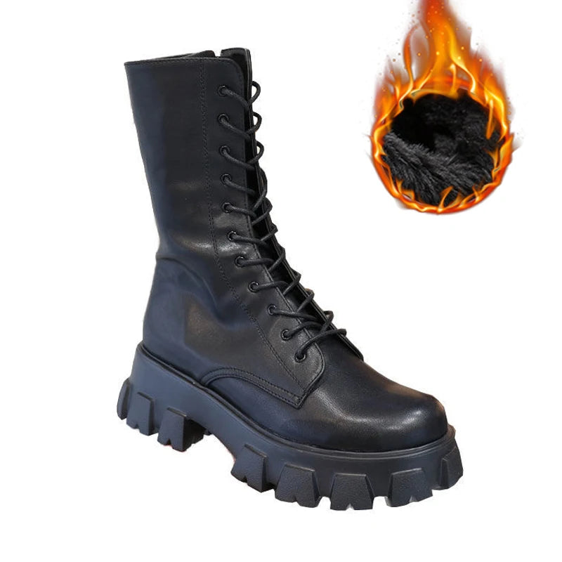 Nouvelles Bottes Mi-Mollet Femme Automne Hiver Mode Lacets Chelsea Zip Plateforme Talon Compensé Chaussures Sport