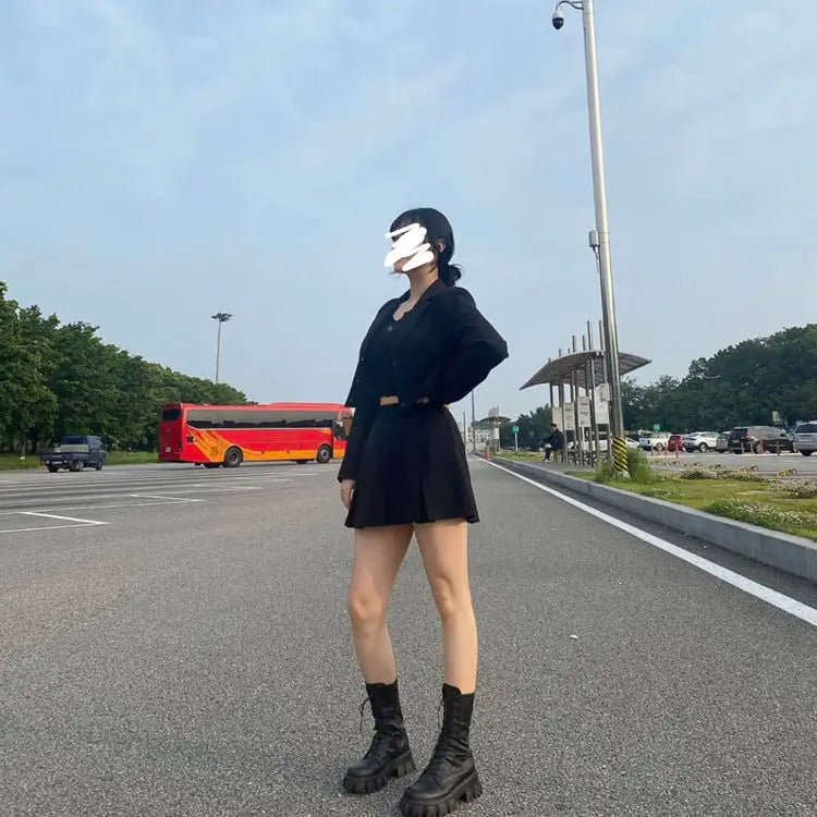 Nouvelles Bottes Mi-Mollet Femme Automne Hiver Mode Lacets Chelsea Zip Plateforme Talon Compensé Chaussures Sport