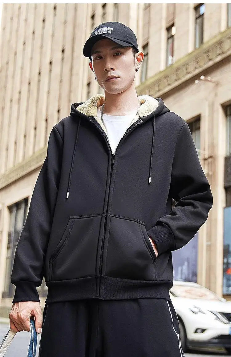 C.New S Manteau Hiver Laine d'Agneau Chaud Épais Veste Manches Longues Zippée Capuche Décontracté Polaire Noir Homme Femme