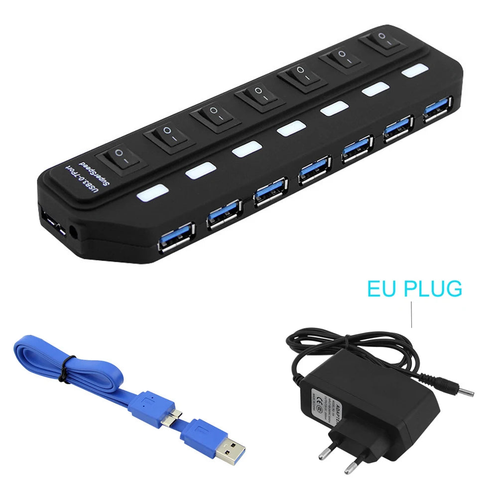 Hub USB 3.0 – Multiprise USB avec 4/7 ports, répartiteur haute vitesse | Hub USB 3.0 avec adaptateur d’alimentation et interrupteurs individuels pour ordinateur portable et PC