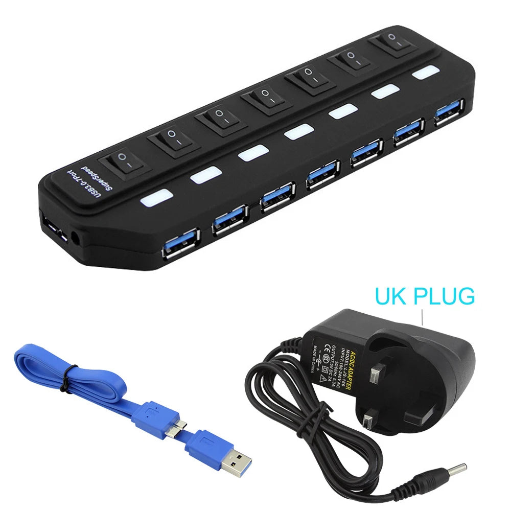 Hub USB 3.0 – Multiprise USB avec 4/7 ports, répartiteur haute vitesse | Hub USB 3.0 avec adaptateur d’alimentation et interrupteurs individuels pour ordinateur portable et PC