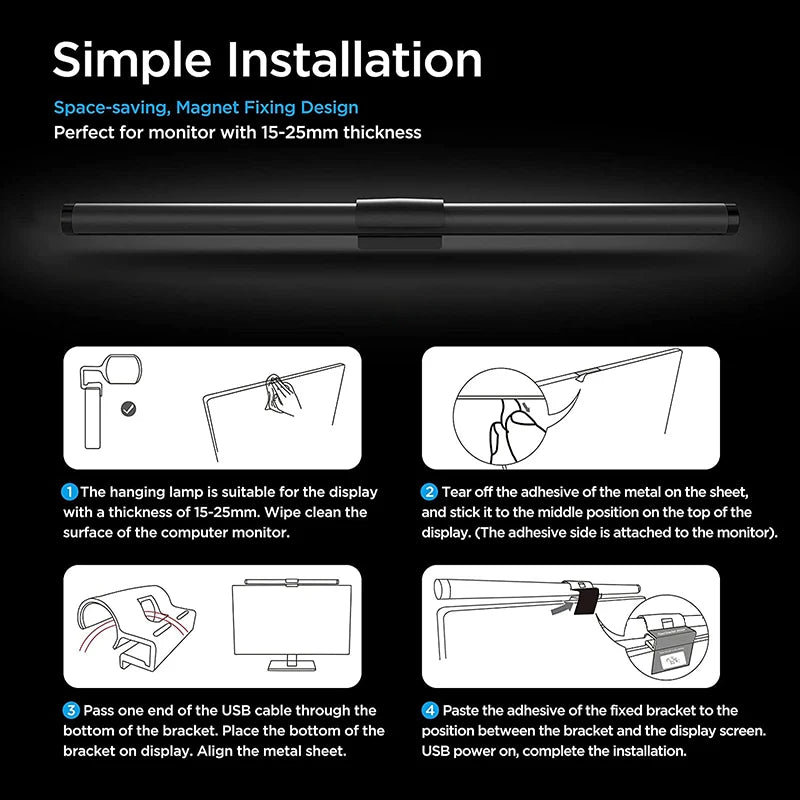 Barre lumineuse LED pour écran d’ordinateur, lampe suspendue RGB pour écran, lampe d’ambiance de bureau pour travail, étude, lecture et gaming, éclairage à intensité réglable, 44 cm