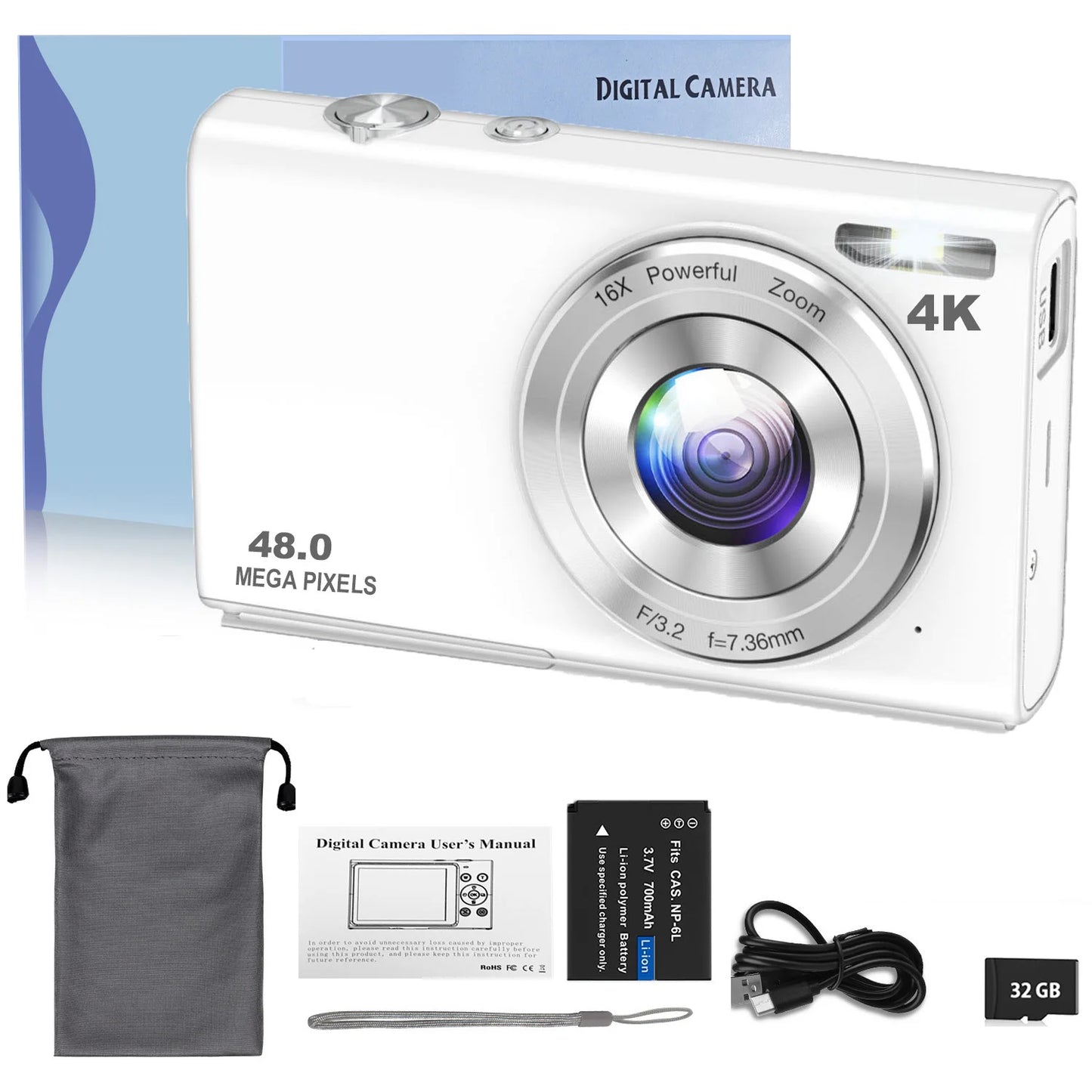 Caméra numérique 4K avec autofocus, caméra de vlogging HD 48 MP, dotée d’un grand écran de 2,8 pouces, caméscope pour la photographie, adaptée aux enfants et aux adultes.