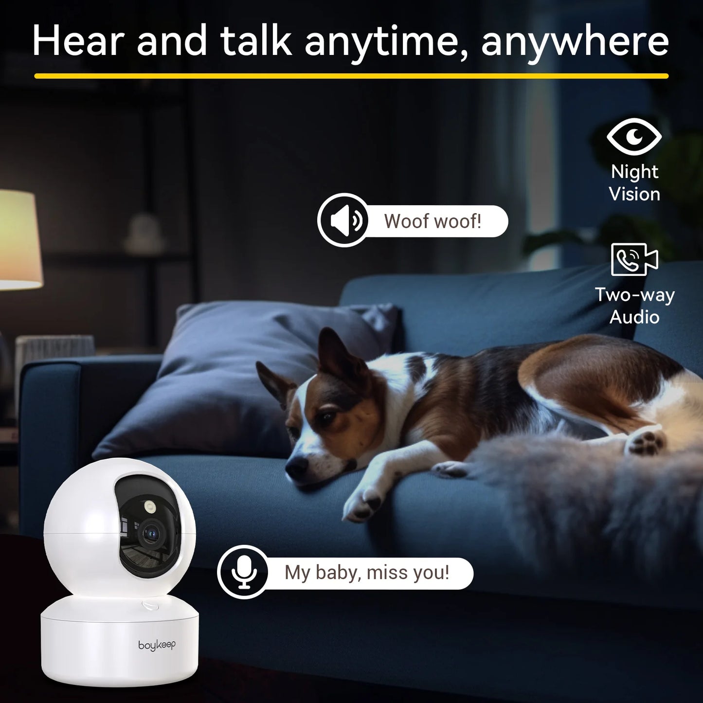 Caméra pour animaux Boykeep 2K avec application mobile, caméra de sécurité intérieure WiFi 5G/2,4 GHz pour animaux et bébé, rotation panoramique et inclinaison à 360°, audio bidirectionnel, vision nocturne.