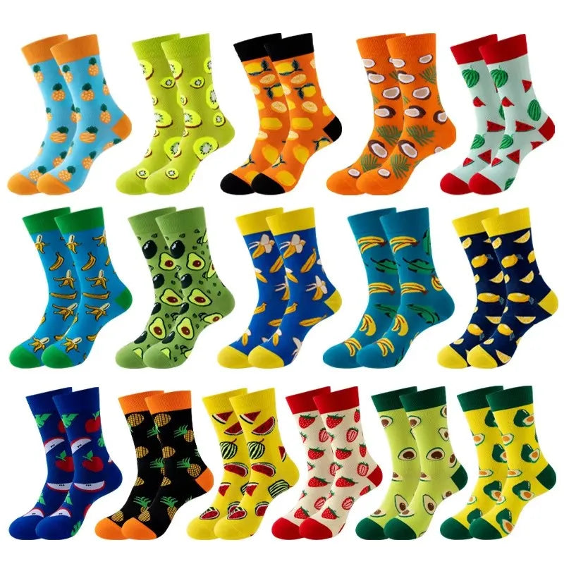 Chaussettes mode fruit pour homme — idéal en duo/couple, style hip-hop, mi-mollet, unisexe pour femme ou homme, imprimés cartoon, coton respirant, style décontracté